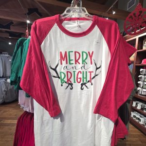 "Merry and Bright"  ¾ Sleeve Raglan Shirt - Red Sleeves